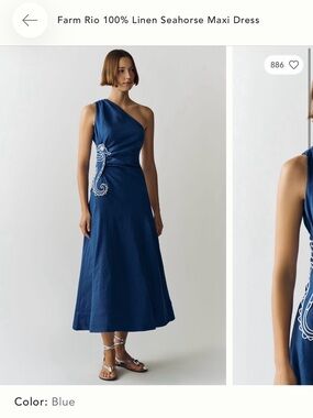 FARM Rio Blue One-Shoulder Linen Maxi Dress with Seahorse Motif